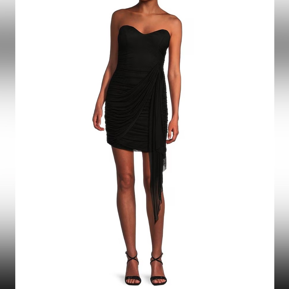 NWT IN‎ San Francisco Black Velvet Flocked Mesh Ruched Strapless Dress – Size XL